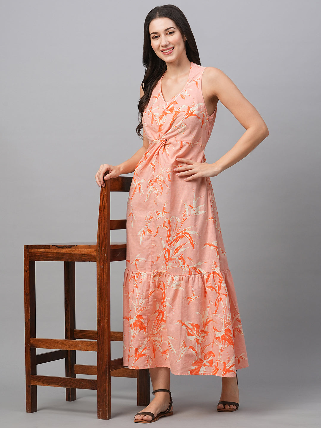 Women's Peach Cotton Linen Regular Fit Dress
