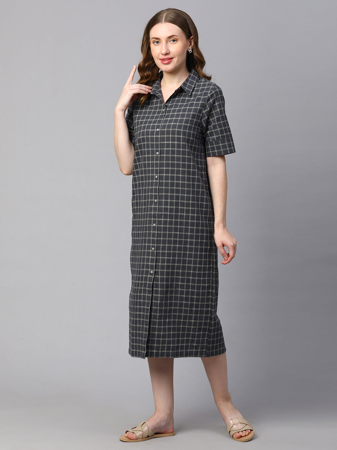 Women's Black Cotton Linen Regular Fit Dress