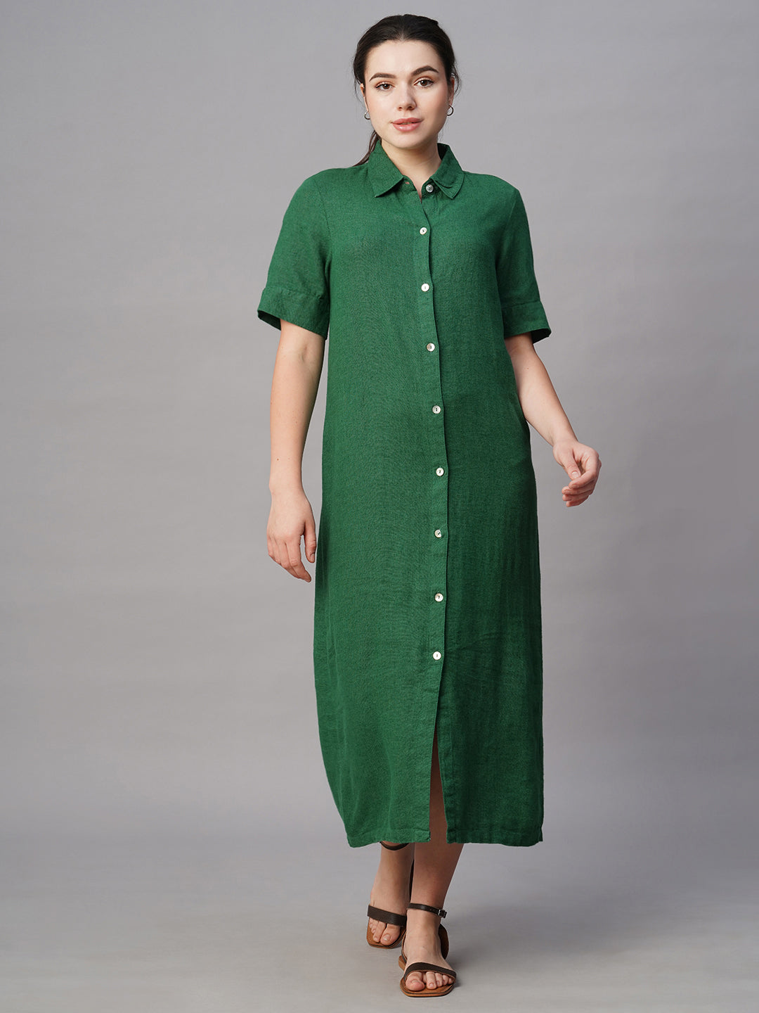 Women's Green Linen Viscose Regular Fit Dress