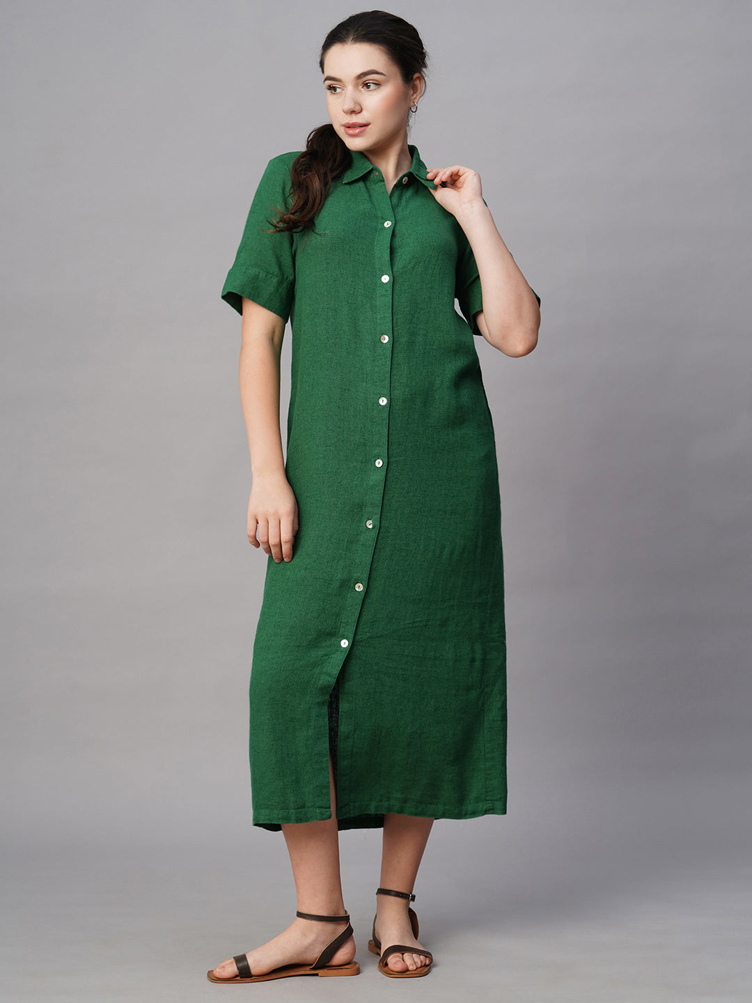 Women's Green Linen Viscose Regular Fit Dress