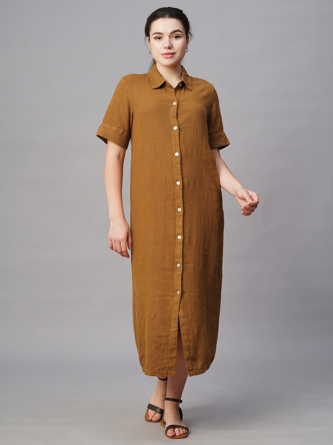 Women's Mustard Linen Viscose Regular Fit Dress