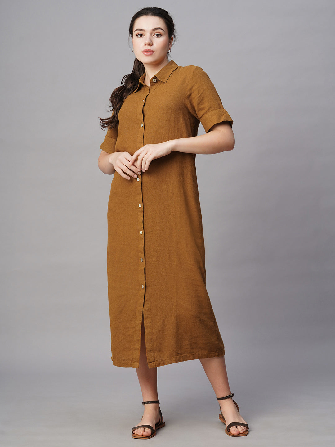 Women's Mustard Linen Viscose Regular Fit Dress