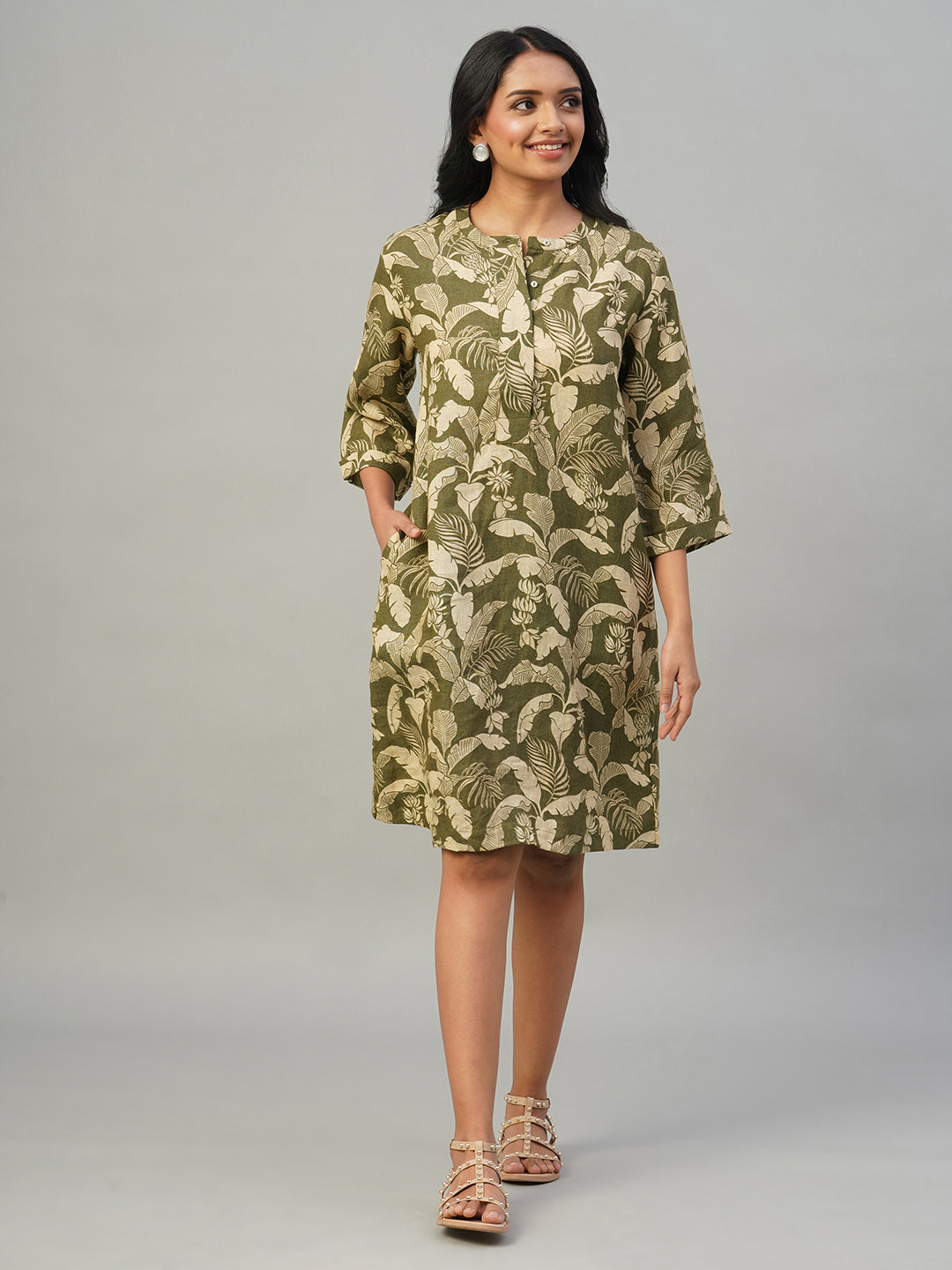 Women's Olive 100% Linen Regular Fit Dress