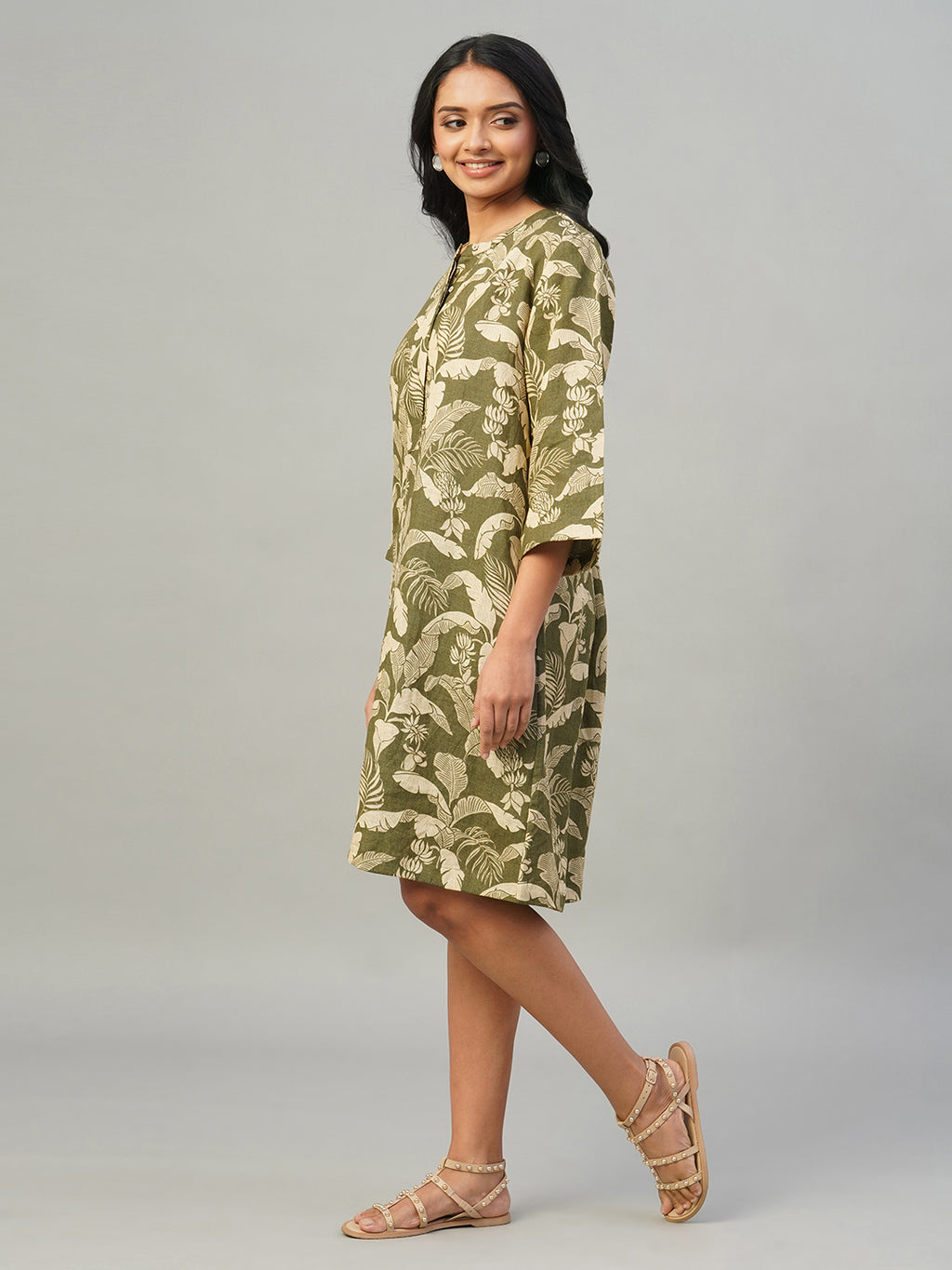 Women's Olive 100% Linen Regular Fit Dress
