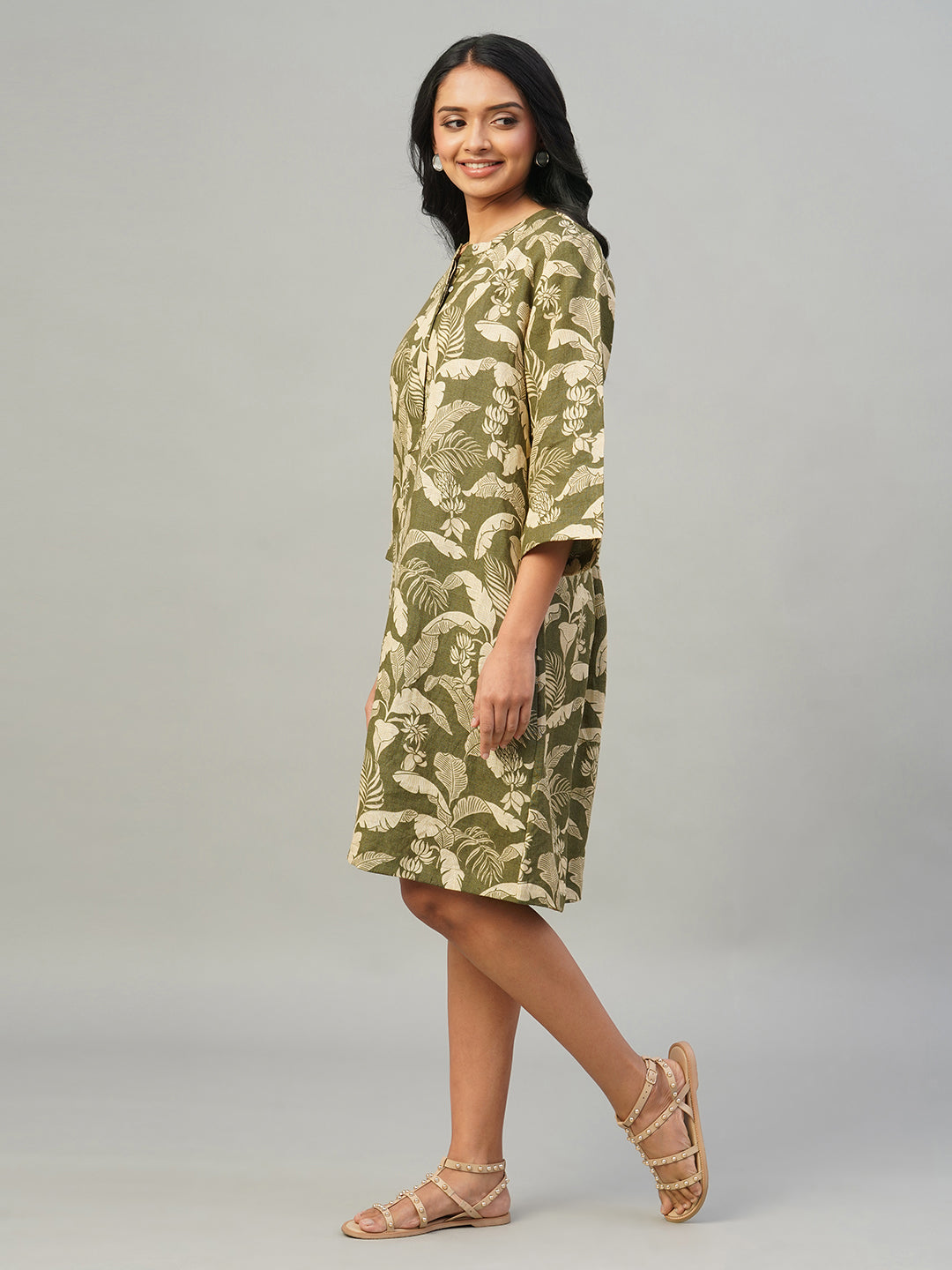 Women's Olive 100% Linen Regular Fit Dress