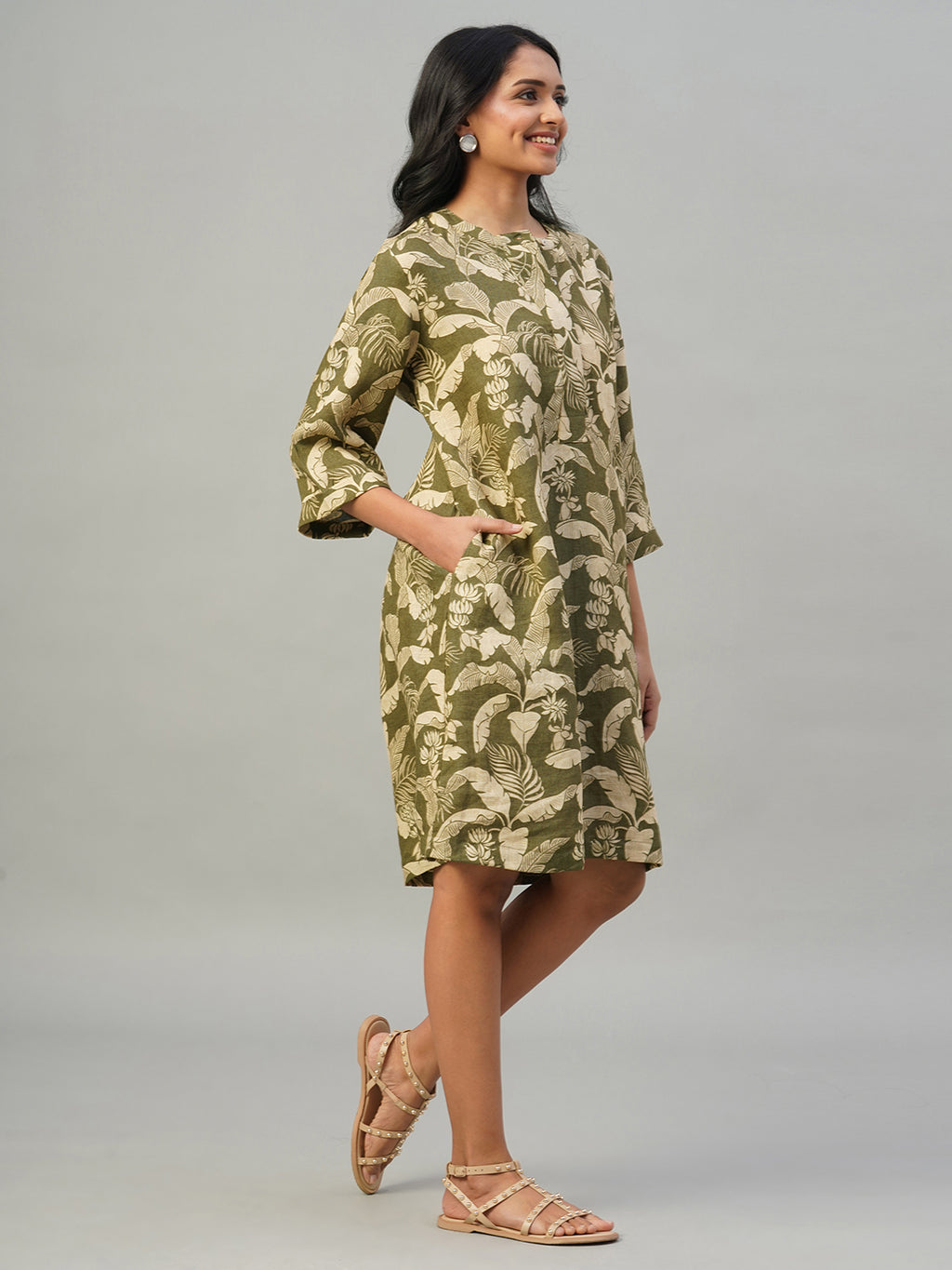 Women's Olive 100% Linen Regular Fit Dress