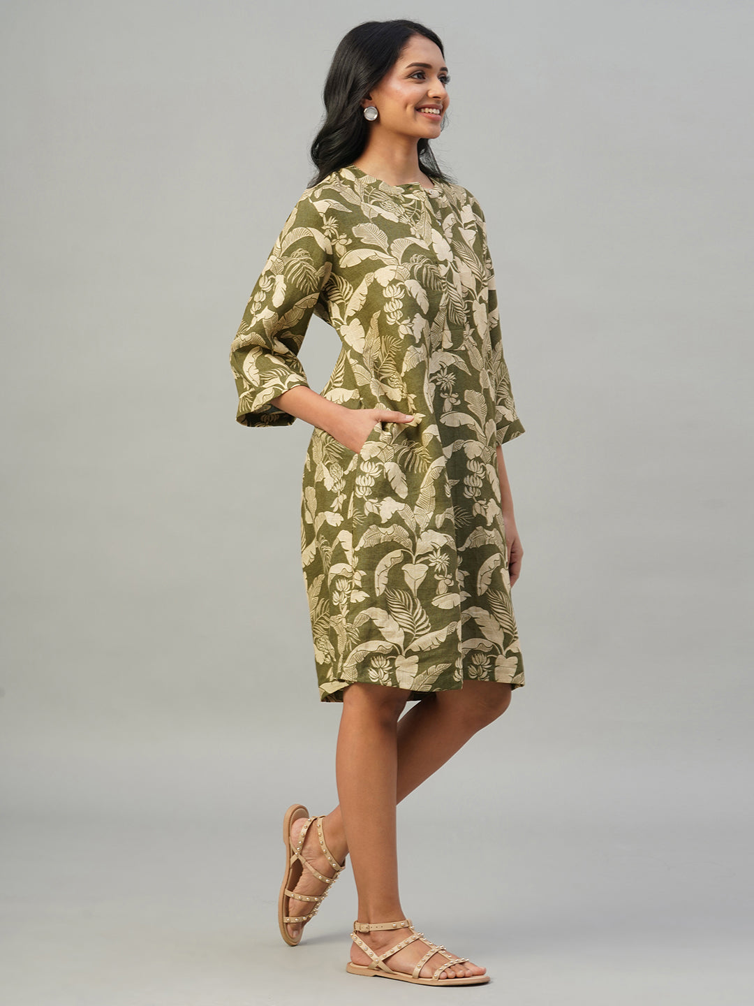 Women's Olive 100% Linen Regular Fit Dress