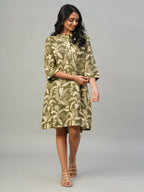 Women's Olive 100% Linen Regular Fit Dress