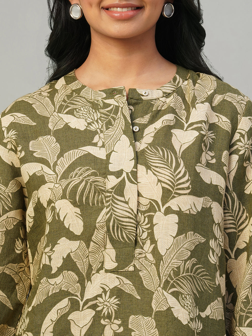 Women's Olive 100% Linen Regular Fit Dress