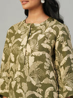 Women's Olive 100% Linen Regular Fit Dress