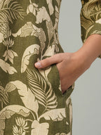 Women's Olive 100% Linen Regular Fit Dress