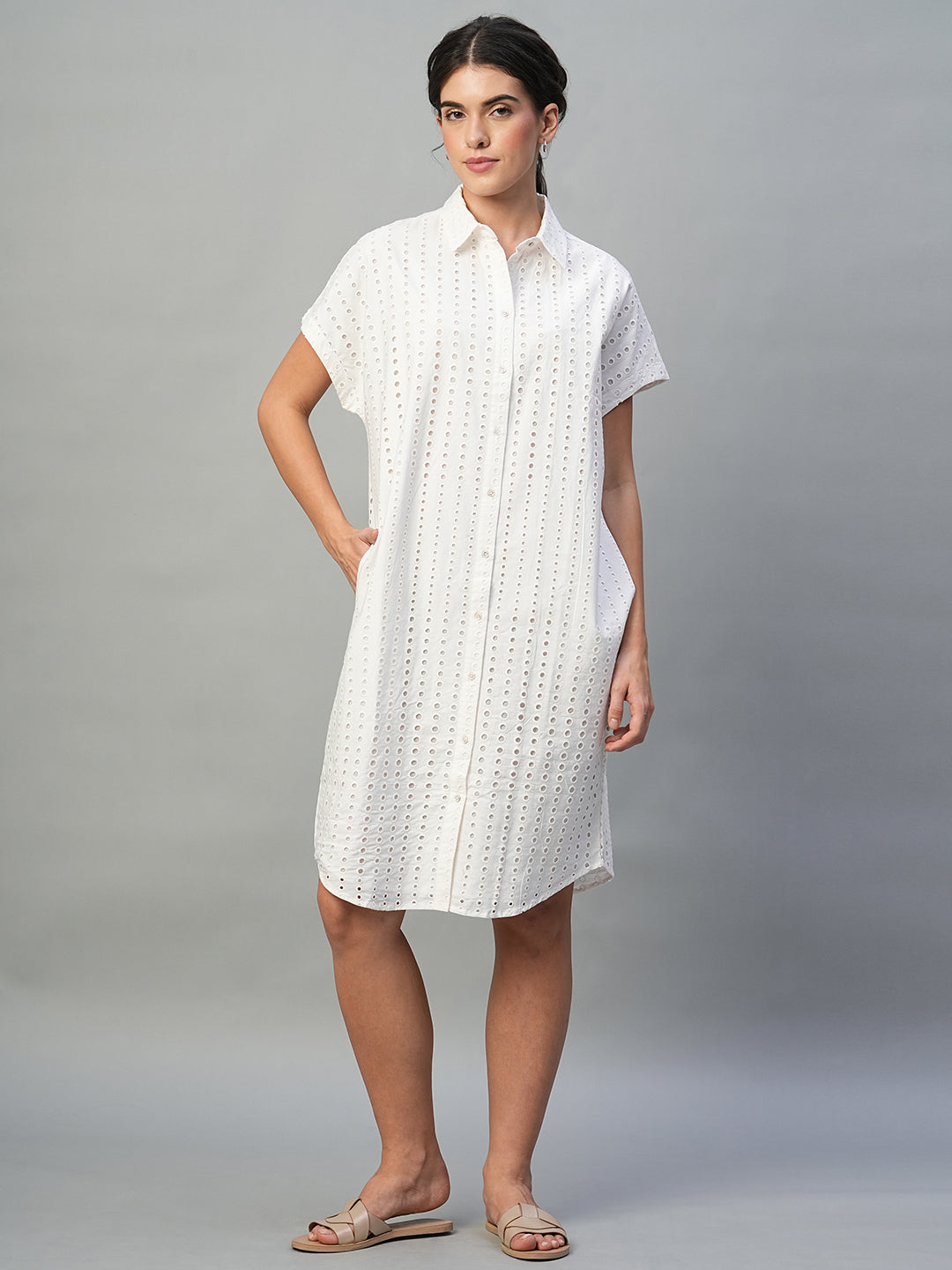 Women's White 100% Cotton Regular Fit Dress