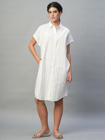 Women's White 100% Cotton Regular Fit Dress