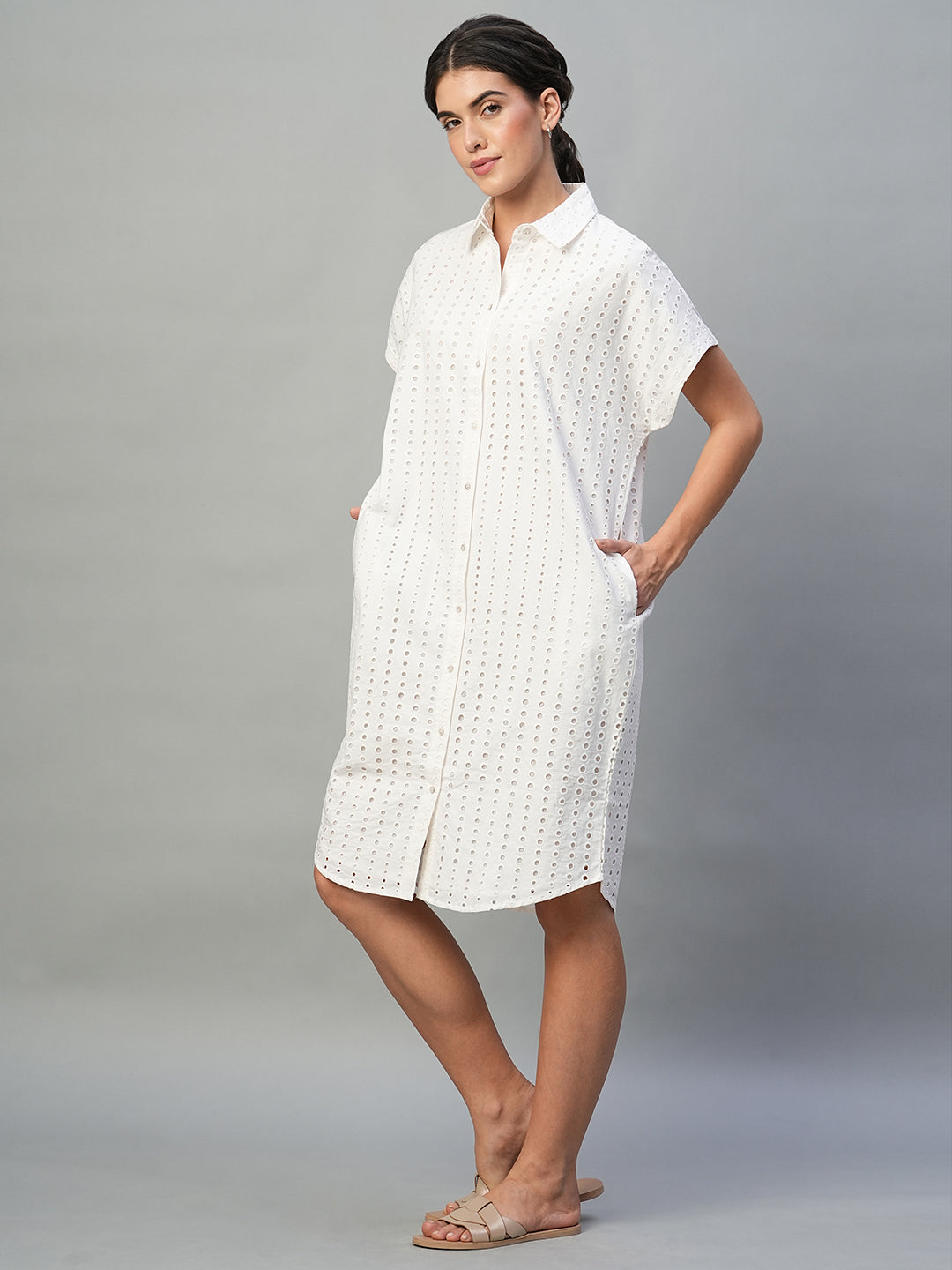 Women's White 100% Cotton Regular Fit Dress
