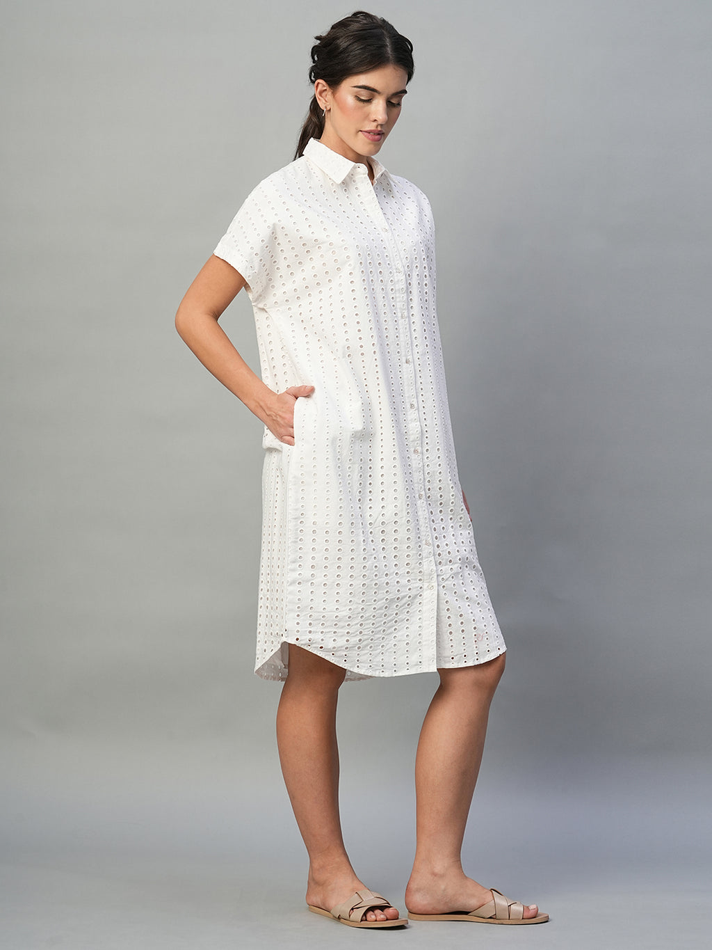 Women's White 100% Cotton Regular Fit Dress