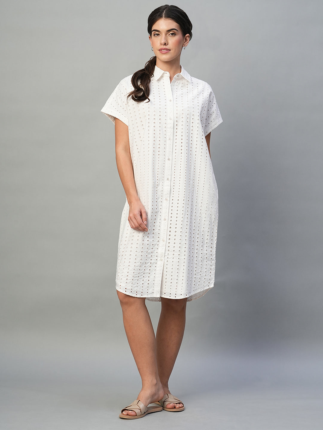 Women's White 100% Cotton Regular Fit Dress