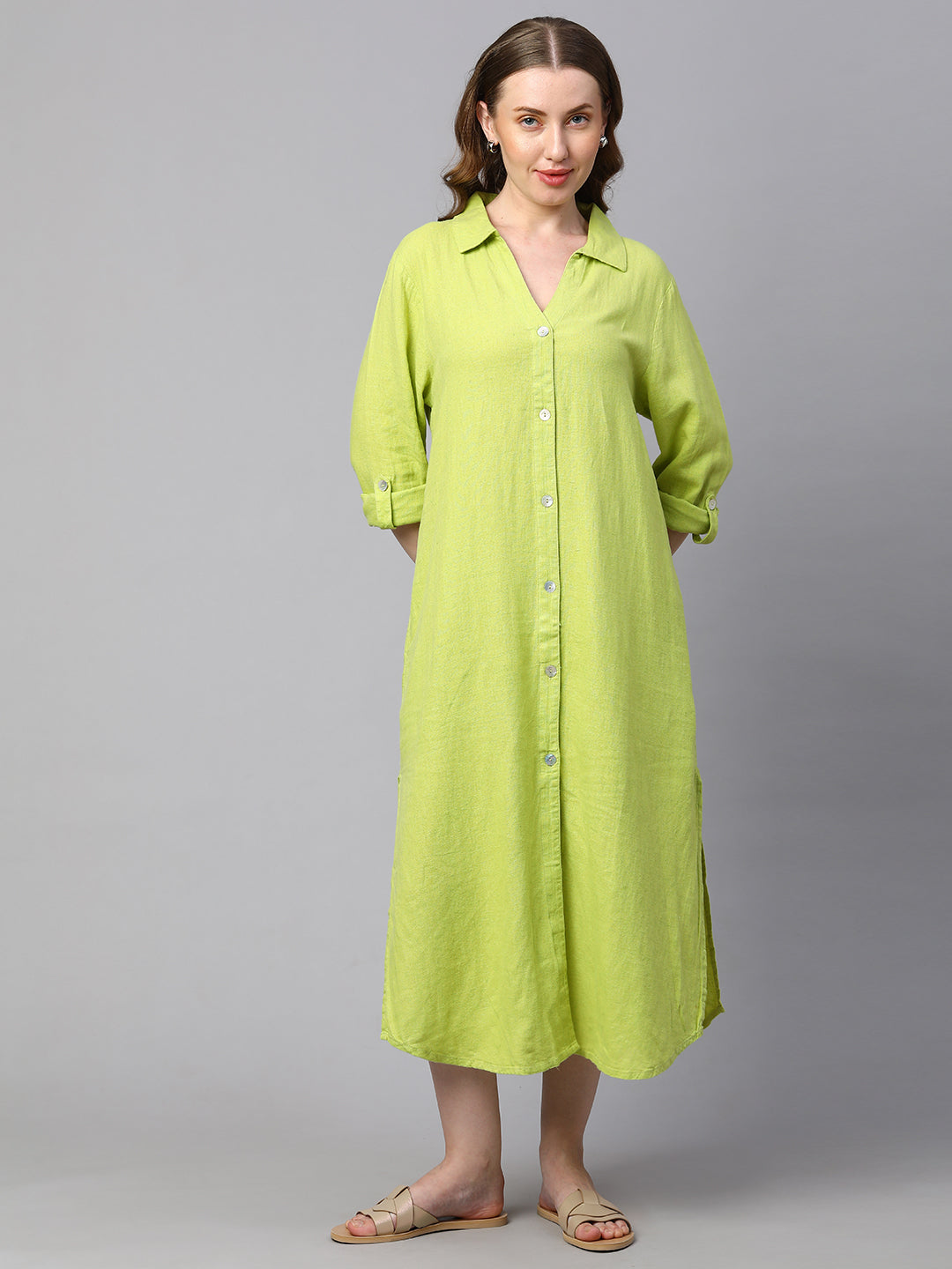 Women's Lime Linen Viscose Boxy Fit Dress