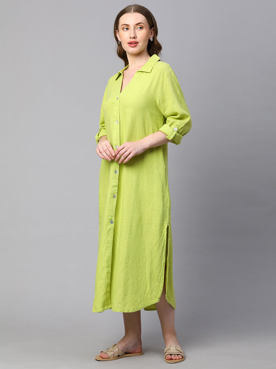 Women's Lime Linen Viscose Boxy Fit Dress