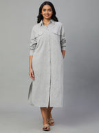 Women's Grey Cotton Linen Regular Fit Dress