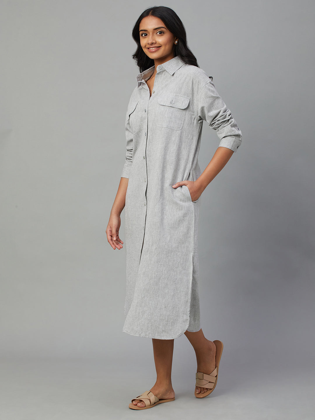 Women's Grey Cotton Linen Regular Fit Dress