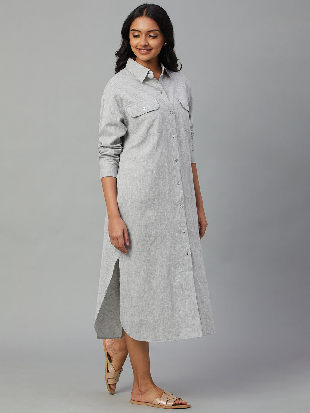 Women's Grey Cotton Linen Regular Fit Dress