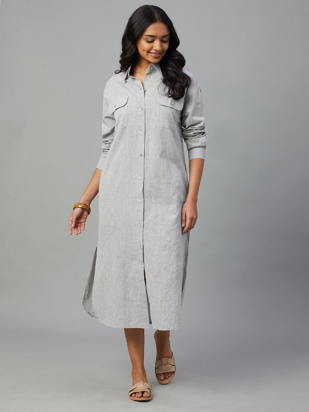 Women's Grey Cotton Linen Regular Fit Dress