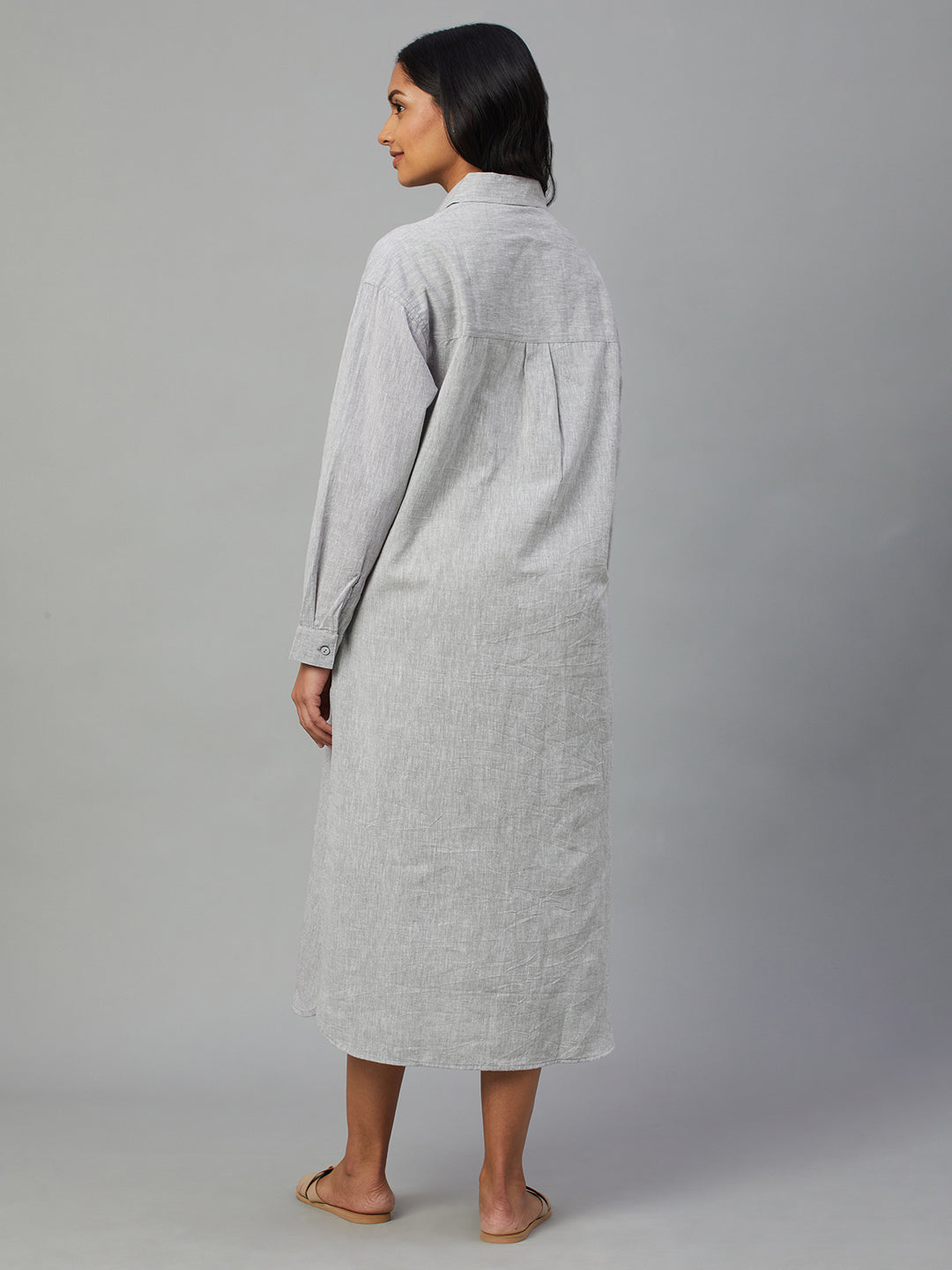 Women's Grey Cotton Linen Regular Fit Dress