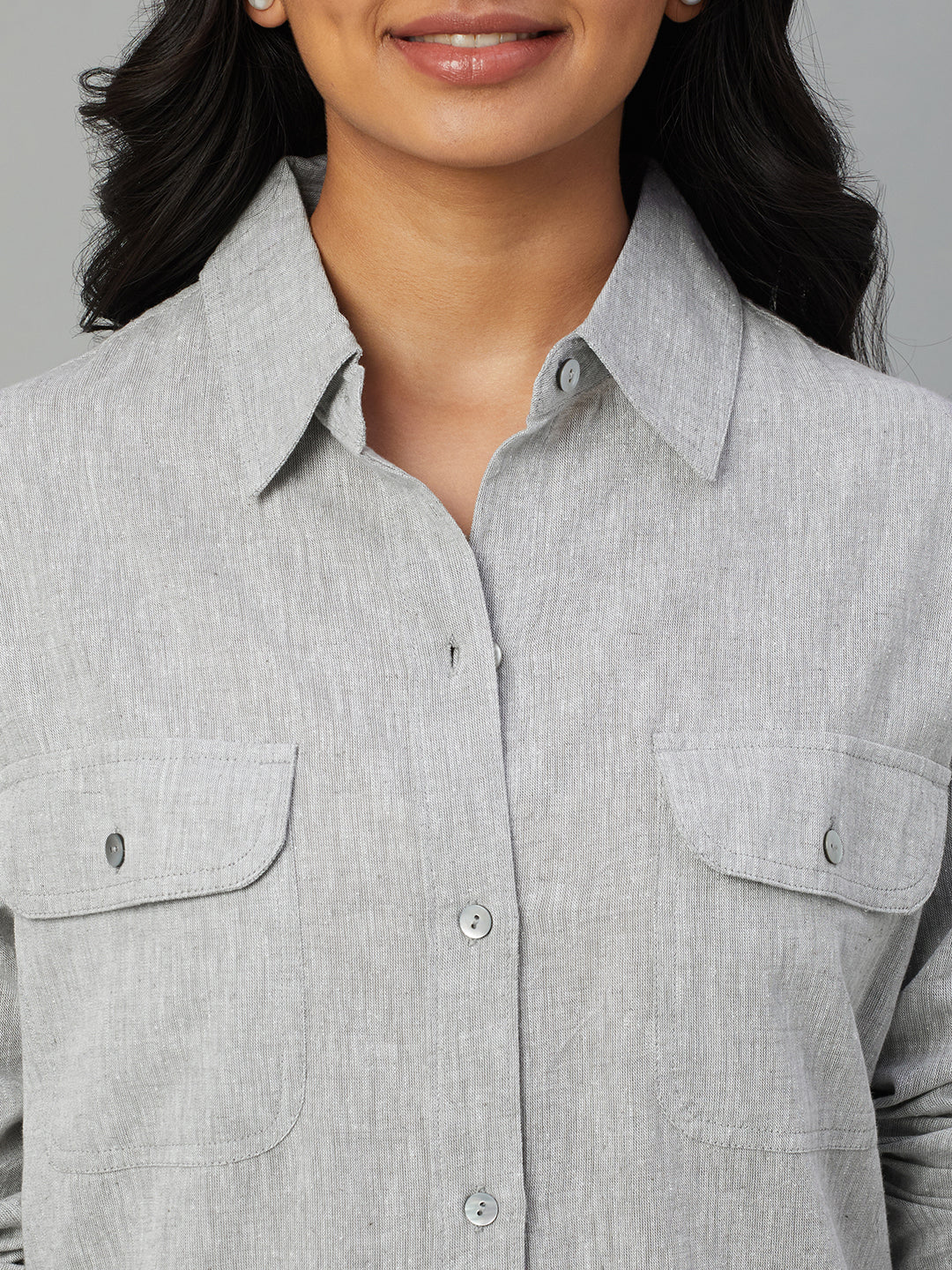 Women's Grey Cotton Linen Regular Fit Dress