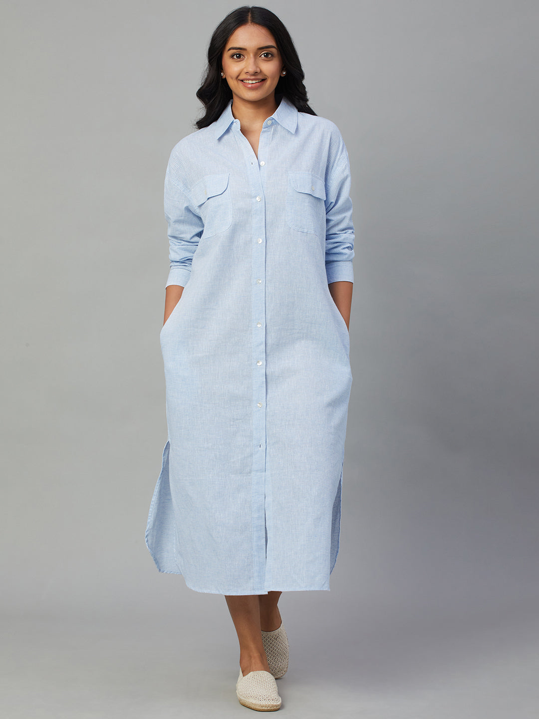 Women's Blue Cotton Linen Regular Fit Dress