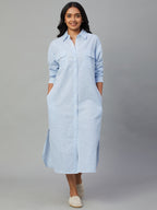 Women's Blue Cotton Linen Regular Fit Dress