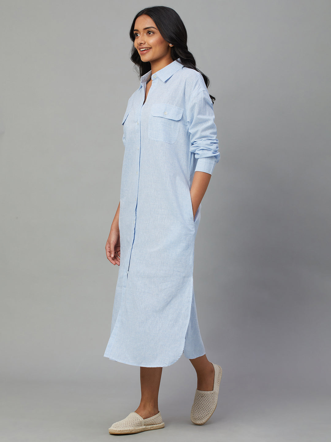 Women's Blue Cotton Linen Regular Fit Dress
