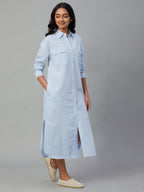 Women's Blue Cotton Linen Regular Fit Dress