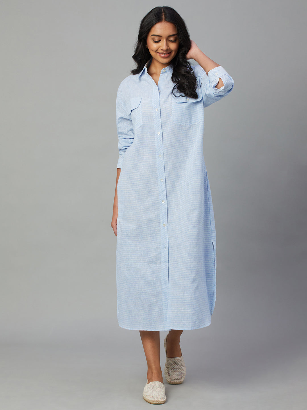 Women's Blue Cotton Linen Regular Fit Dress