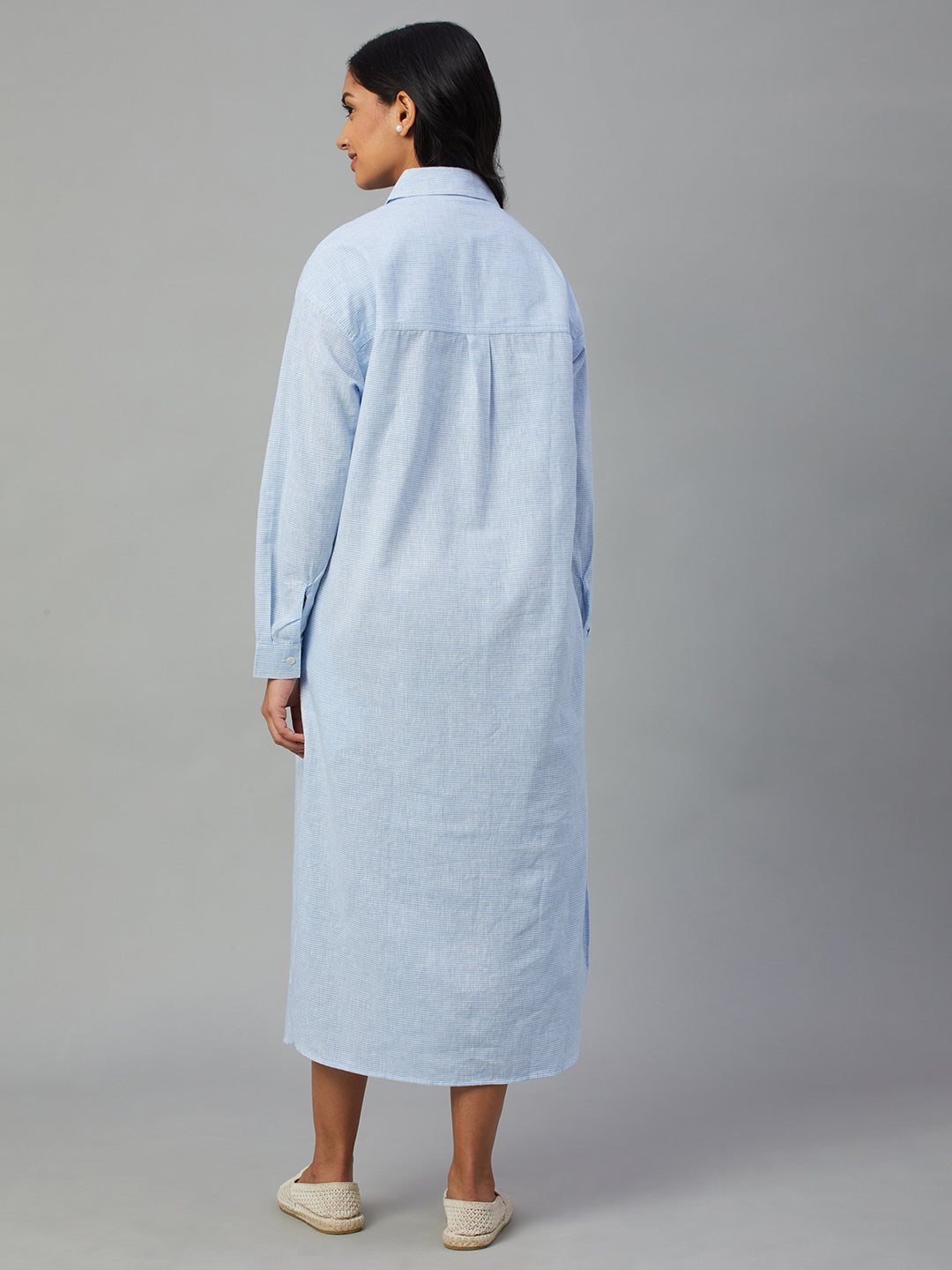 Women's Blue Cotton Linen Regular Fit Dress