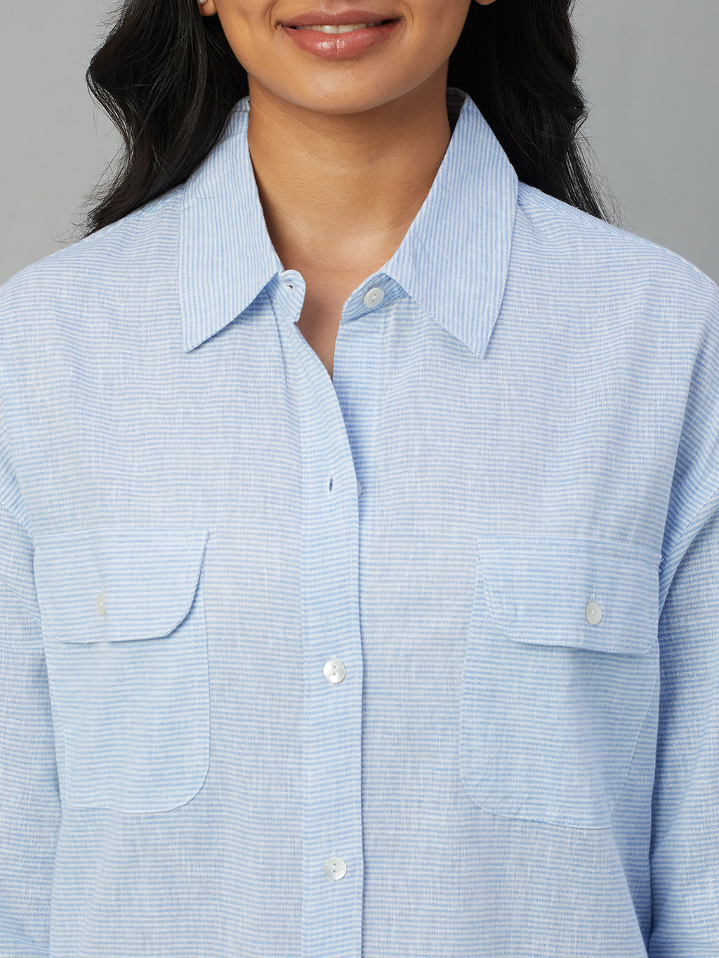 Women's Blue Cotton Linen Regular Fit Dress