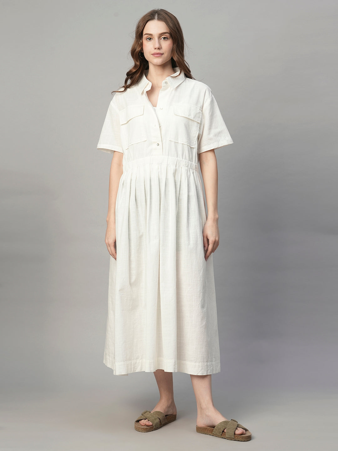 Women's White Tencel Regular Fit Dress