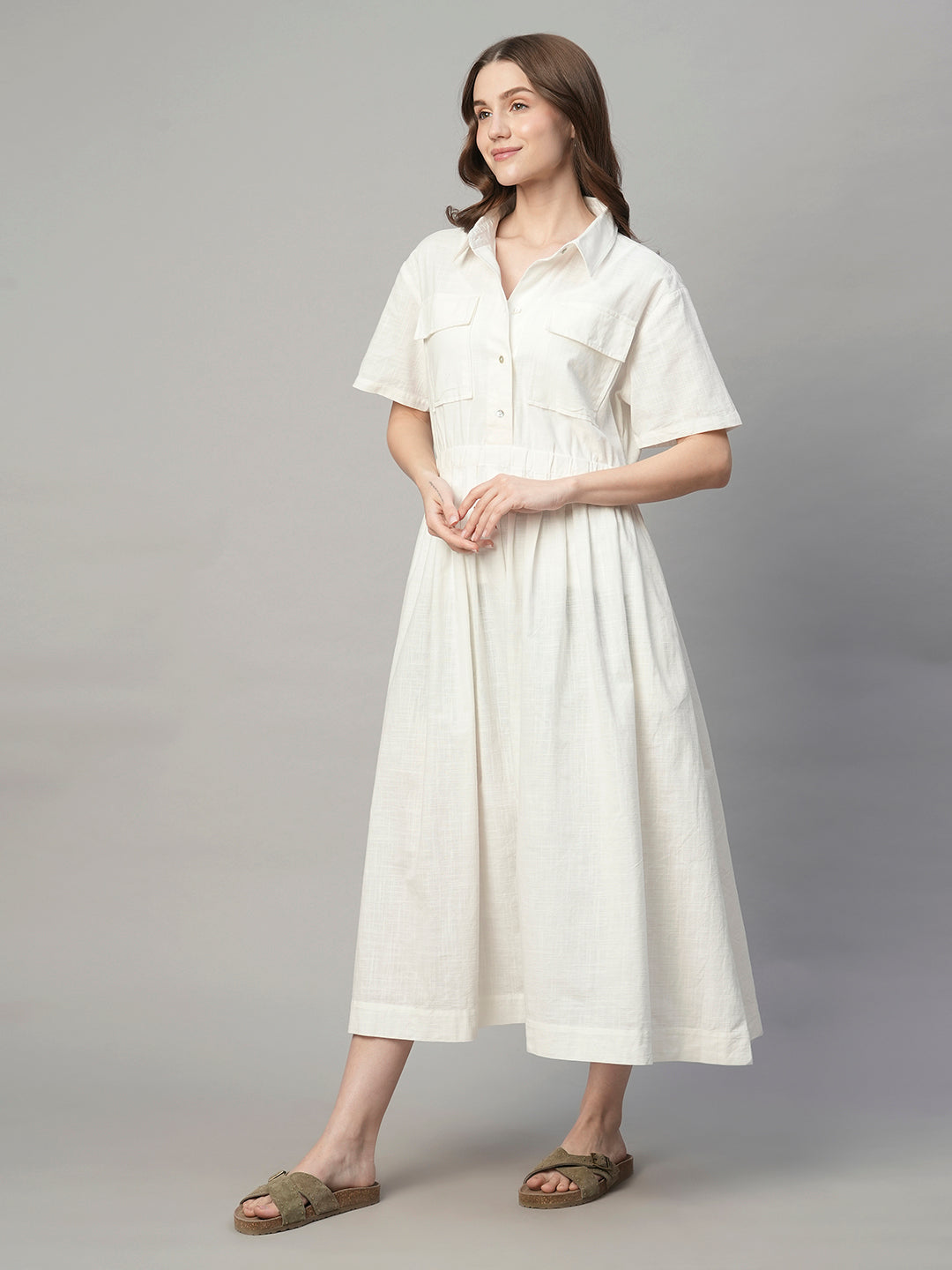 Women's White Tencel Regular Fit Dress