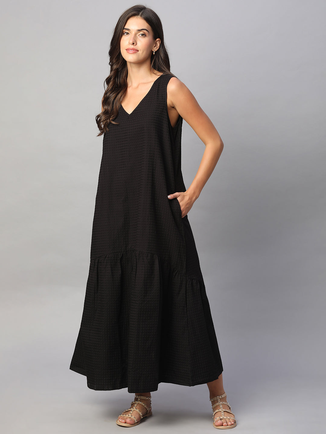 Women's Black 100% Cotton Regular Fit Dress
