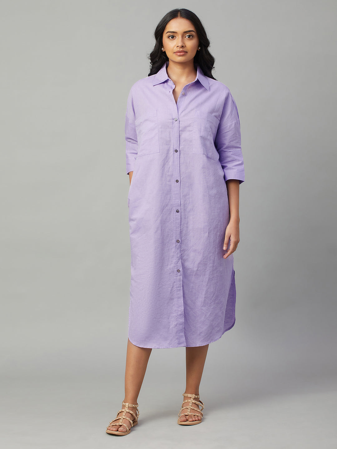 Women's Lilac Linen Cotton Boxy Fit Dress