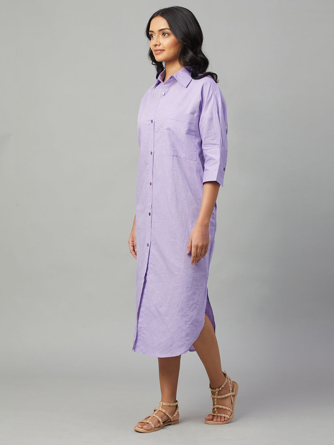 Women's Lilac Linen Cotton Boxy Fit Dress