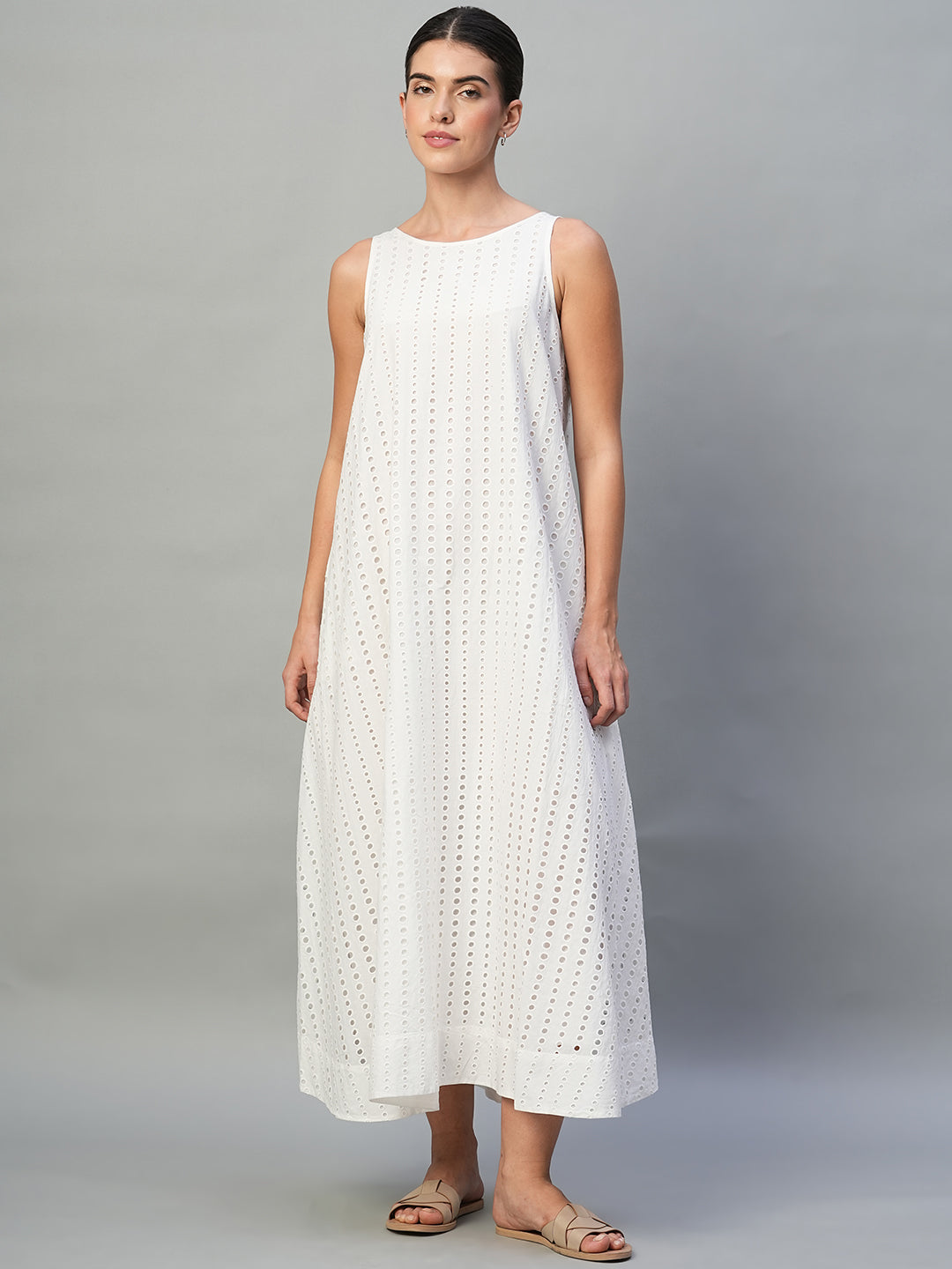 Women's White 100% Cotton Regular Fit Dress
