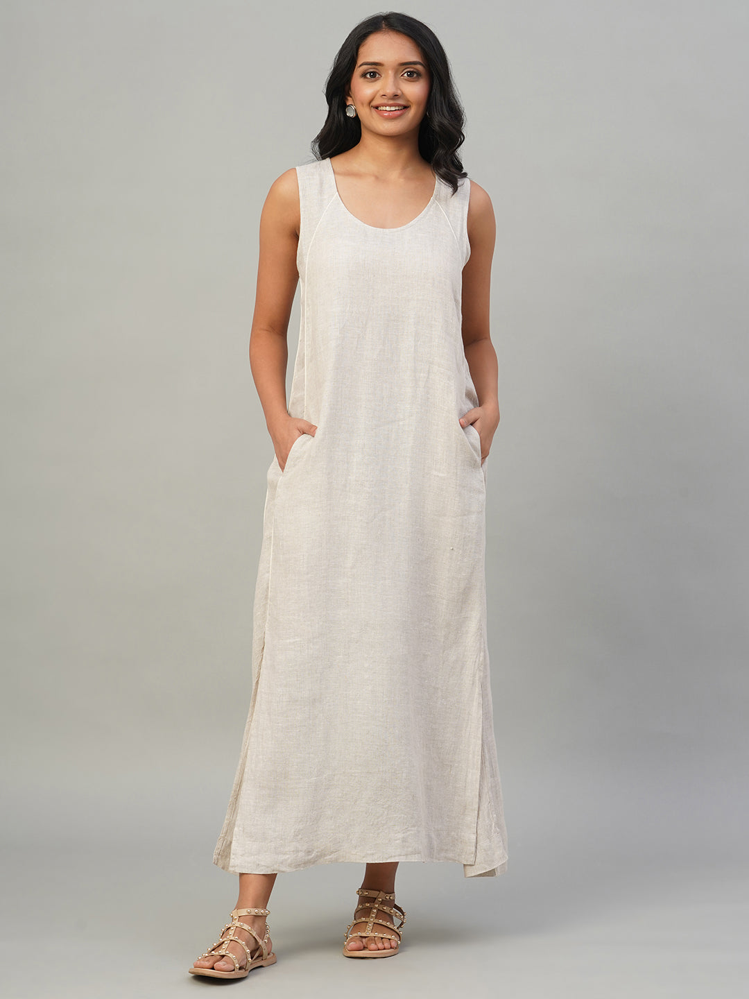 Women's Beige 100% Linen Regular Fit Dress