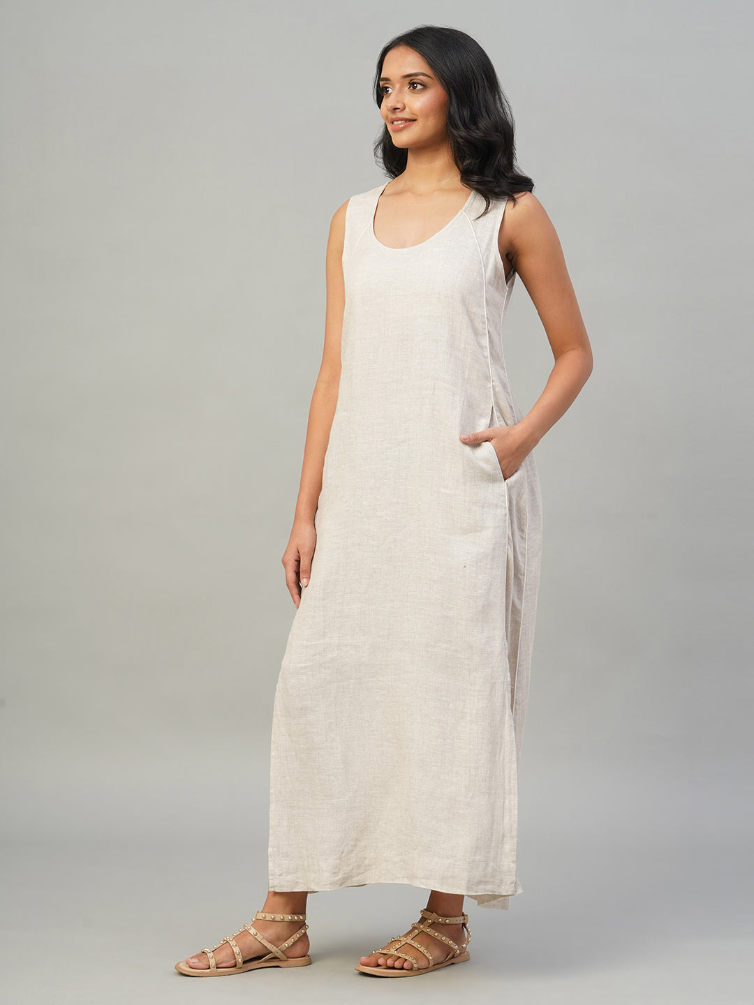 Women's Beige 100% Linen Regular Fit Dress