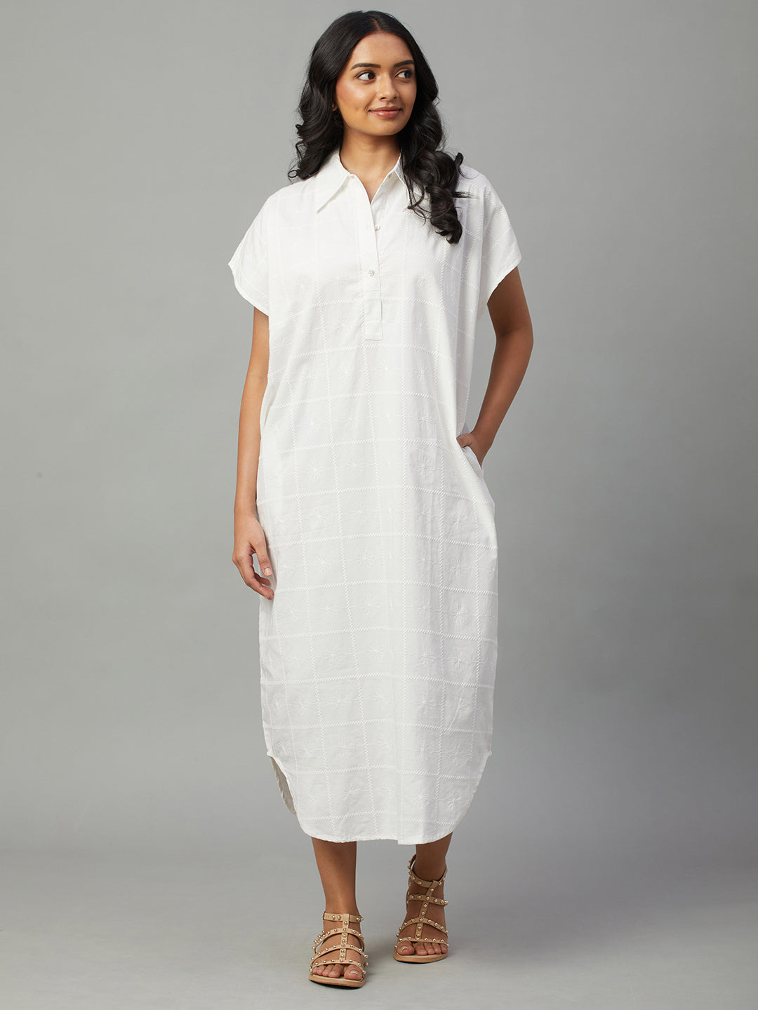 Women's White 100% Cotton Boxy Fit Dress