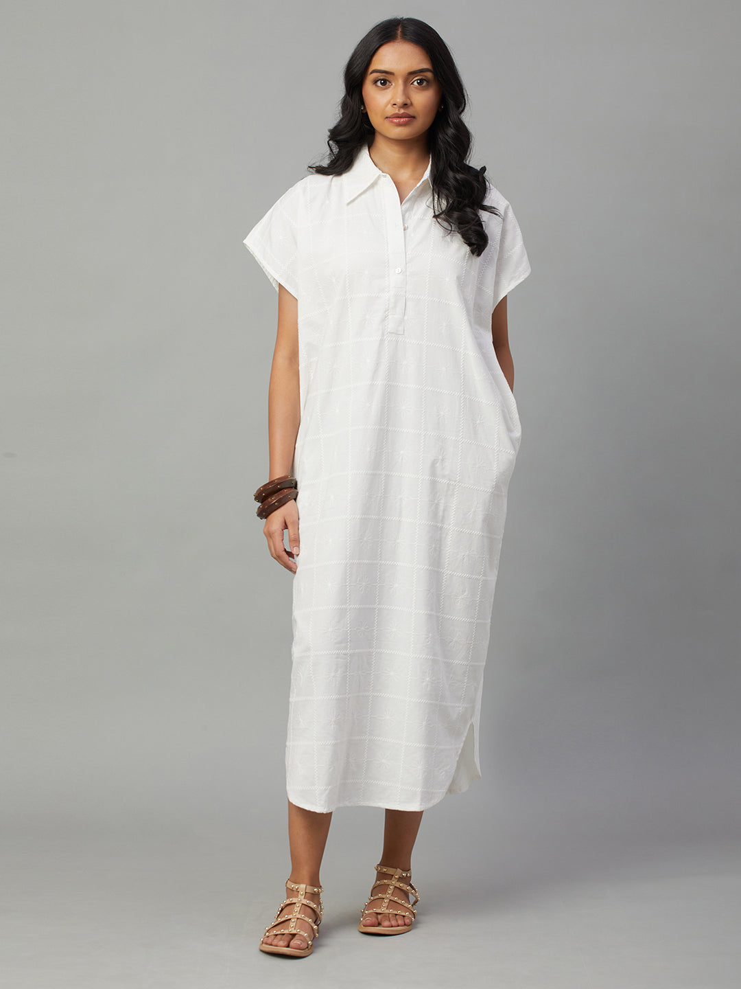 Women's White 100% Cotton Boxy Fit Dress