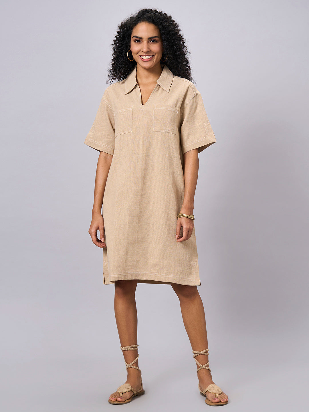 Women's Khaki 100% Cotton Regular Fit Dress