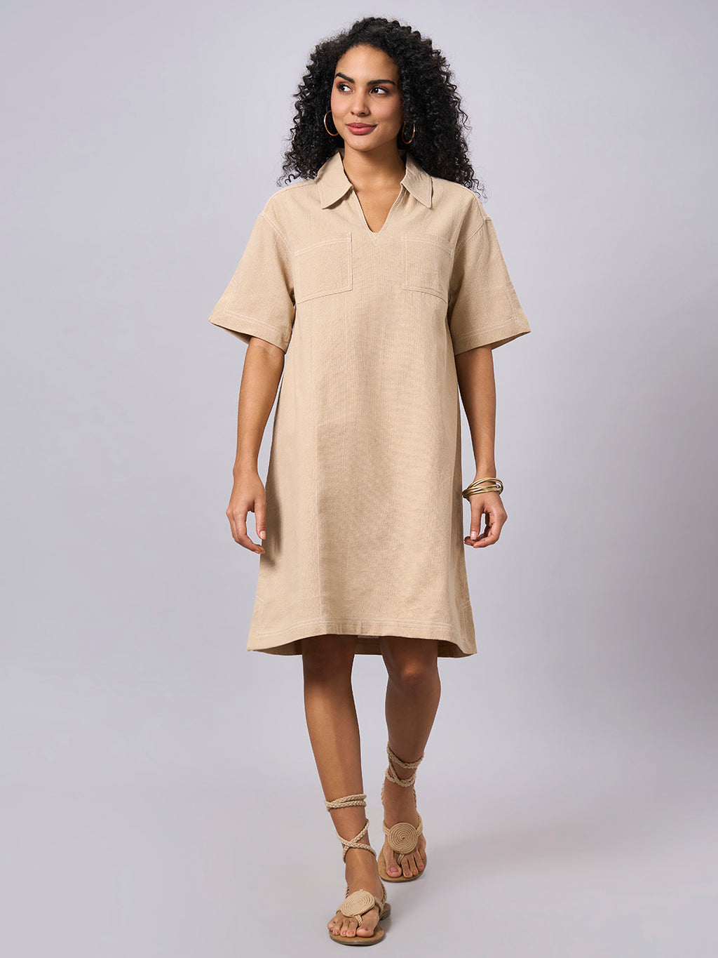 Women's Khaki 100% Cotton Regular Fit Dress