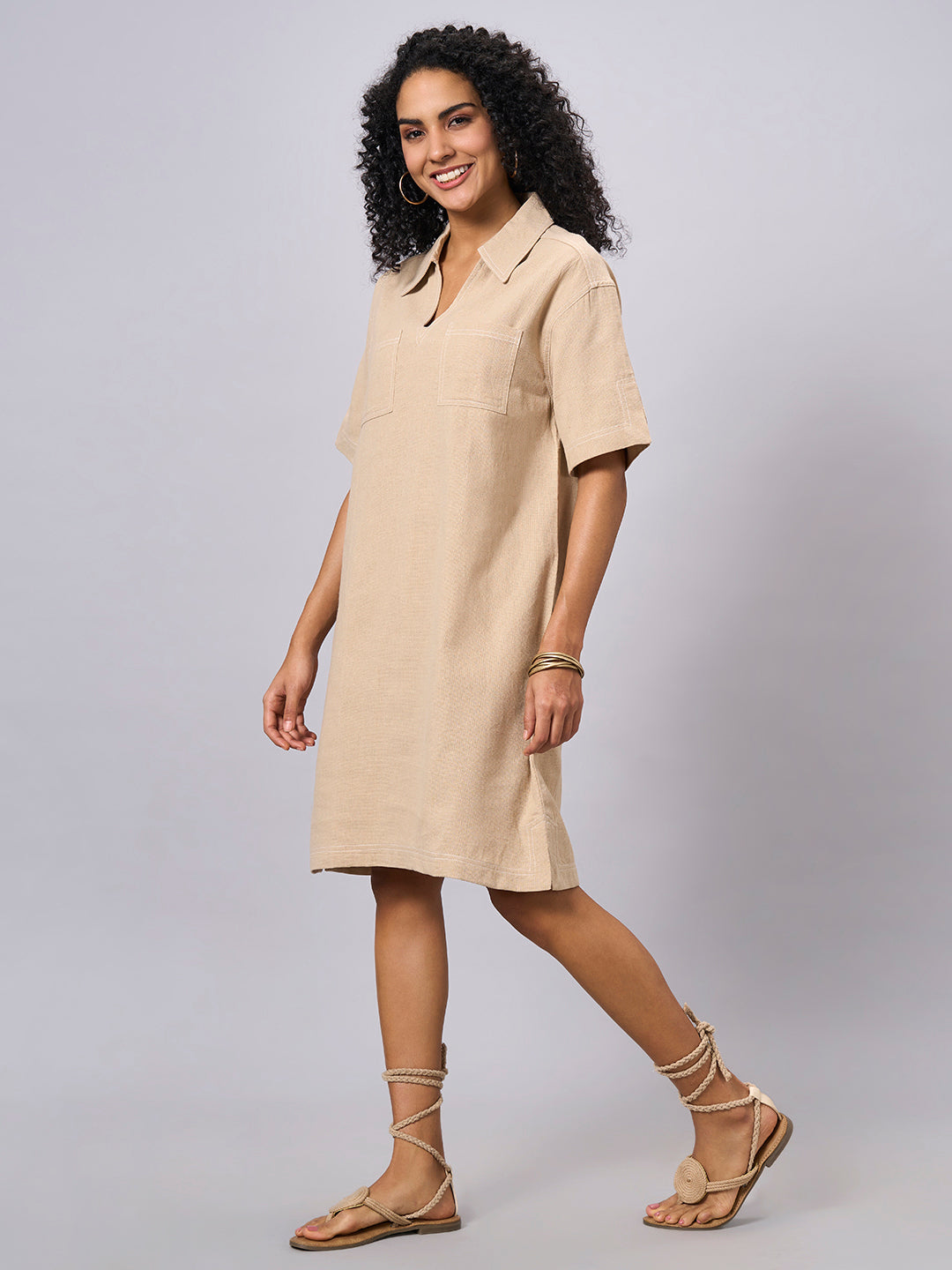 Women's Khaki 100% Cotton Regular Fit Dress