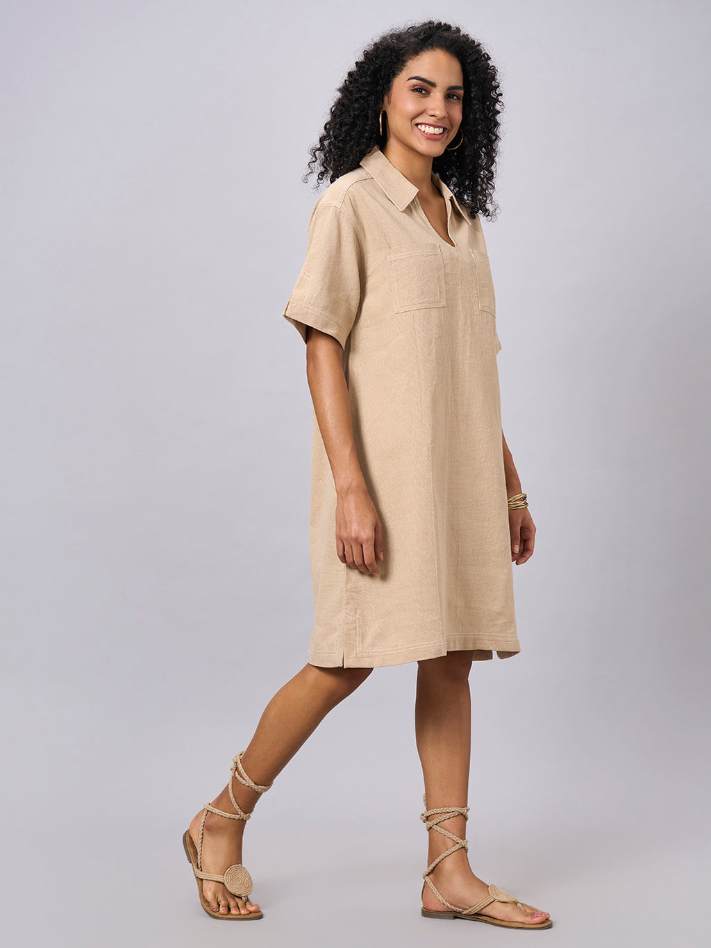 Women's Khaki 100% Cotton Regular Fit Dress