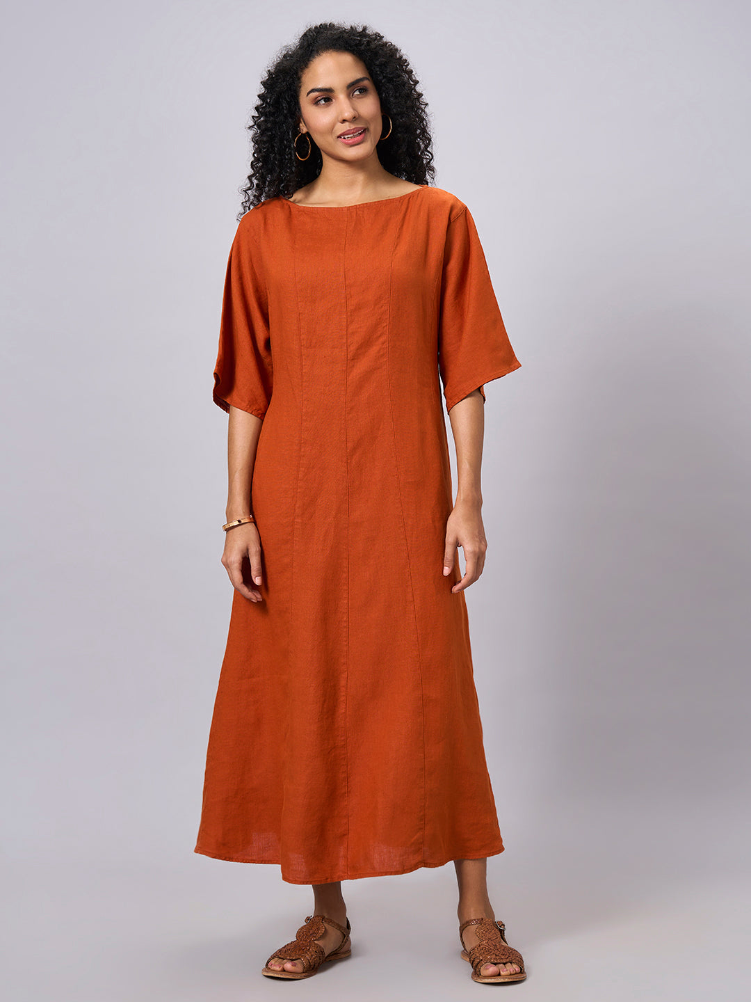 Women's Rust 100% Linen Regular Fit Dress